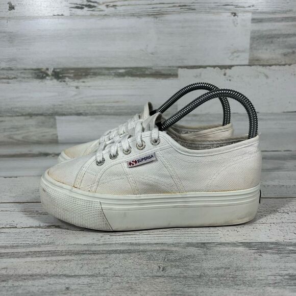 Superga Women's Platform Sneaker White Canvas Low Top Lace Up Shoes Size 6.5 - Picture 2 of 8